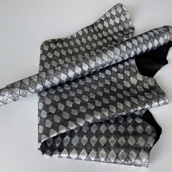 Leder schwarz silber Schachbrettmuster, Nappaleder geprägt 0,9-1,1 mm